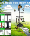Heavy Duty Bird Feeder Pole Stand 95 Inch Backyard Outdoor Weather Station Pole Kit Adjustable Multifunctional Bird Feeder Set With 5 Prong Base And Solid Metal Mount For Maximum Stability shown with bird feeders and bird house attached in a garden setting.