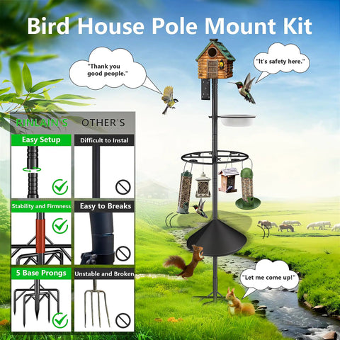 Heavy Duty Bird Feeder Pole Stand 95 Inch Backyard Outdoor Weather Station Pole Kit Adjustable Multifunctional Bird Feeder Set With 5 Prong Base And Solid Metal Mount For Maximum Stability shown with bird feeders and bird house attached in a garden setting.