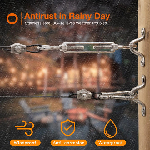 164 Ft Nylon Coated Stainless Steel Cable Hanging Kit for outdoor string lights in rain, showing anti-rust features.