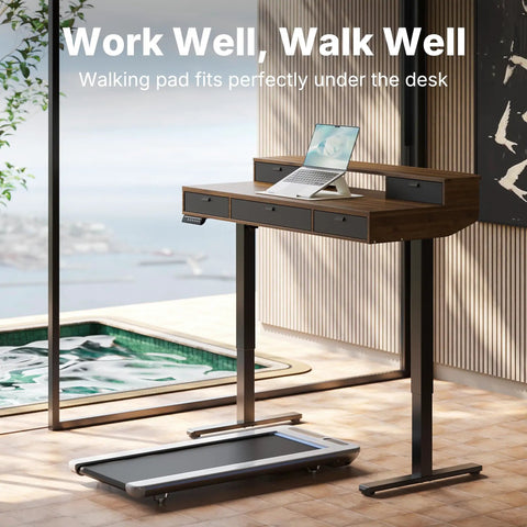 Heavy Duty Electric Standing Desk 48 By 24 Inch with four built-in drawers and a walking pad for home office setup.