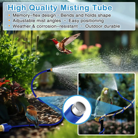 60 Inch Outdoor Misting System For Patio And Garden Cooling, flexible hose spraying mist in garden, birds interacting.