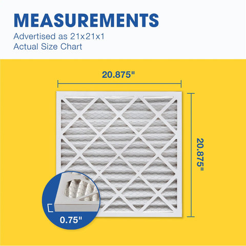 Beefed Up MERV 11 Air Filter 6 Pack Fits 20.88 x 20.88 x 0.75 In HVAC Universal 1 Inch Size measurements on yellow background