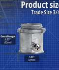 Built Tough 3/4 Inch Emt Set Screw Connector Heavy Gauge Zinc Die Cast showing product size and dimensions on a blueprint background.