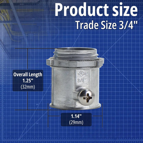 Built Tough 3/4 Inch Emt Set Screw Connector Heavy Gauge Zinc Die Cast showing product size and dimensions on a blueprint background.