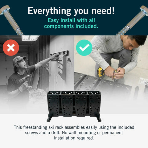 Telluride Freestanding Workhorse Ski Storage Rack assembly guide with man using drill and screws, showcasing DIY installation.