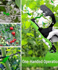 Updated Plant Tying Machine Kit With Auto Tape Gun And Slick Garden Binding Tool For Tomato Pepper Plants With Thick Staples And Twenty Green Tape Rolls Plus Safety Gloves For No Sweat Yard Work in use with green tape on various plants.