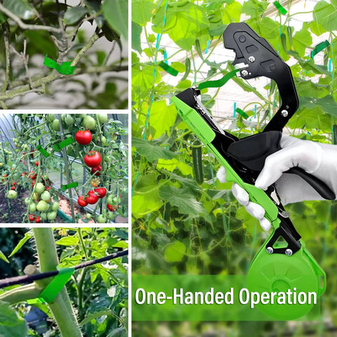 Updated Plant Tying Machine Kit With Auto Tape Gun And Slick Garden Binding Tool For Tomato Pepper Plants With Thick Staples And Twenty Green Tape Rolls Plus Safety Gloves For No Sweat Yard Work in use with green tape on various plants.