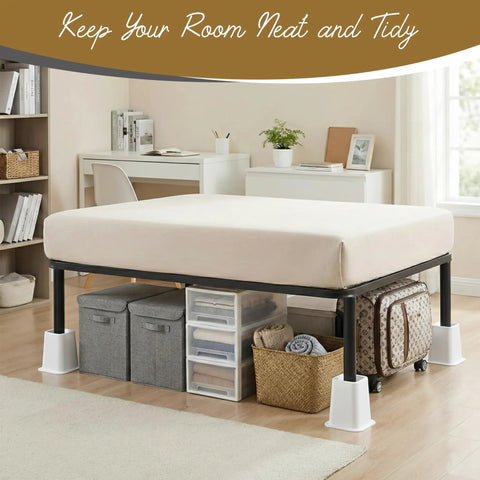 No Sweat Heavy Duty 6 Inch Bed Risers Set Of 4 White Stackable Furniture Boosters For Under Bed Storage Desk Sofa Lift With Steady Base And Boss Level Durability elevating a bed with storage boxes underneath.