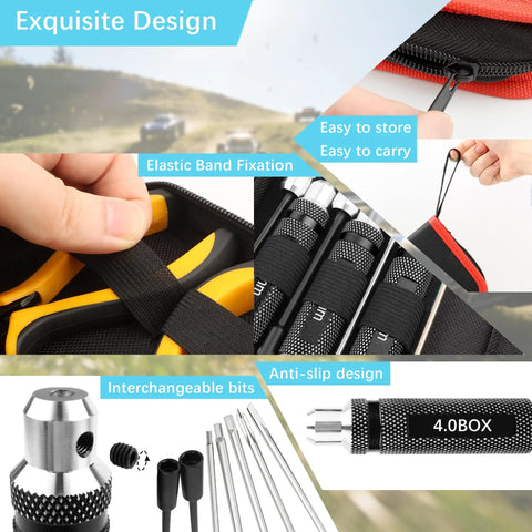 Image of the All In One 12 Piece RC Car Repair Tool Kit with visible pliers, hex screwdrivers, and zipper case focus on details.