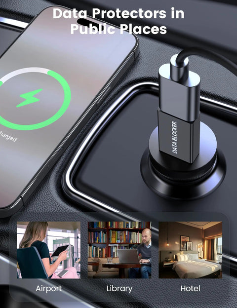 5 Pack Usb Data Blocker Adapter Usba To Usba Charge Only Security Dongle Stops Juice Jacking Lock In Your Private Files For Iphone Android And Tablet Black Zero Stress Travel Gear in use at an airport charging station.