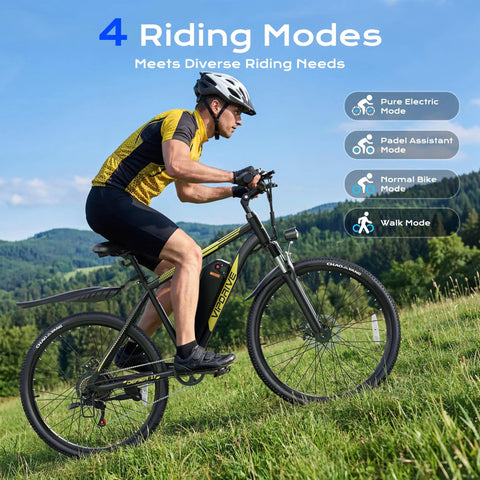 Beast 750W Peak Electric Mountain Bike with 48V Battery and 22 MPH Top Speed, 7 Speed Gears shown in use on grassy hillside.