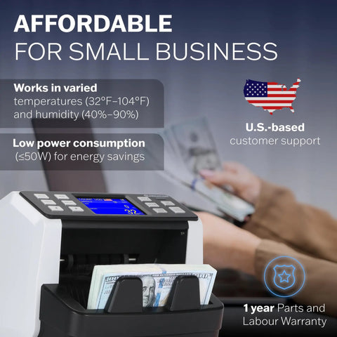 Money Counter Machine For Busy Cash Desks All In One Count Mixed Denominations Fast Detect Counterfeits Portable Currency Detector Dollar Sorter For Retail And Office Use Up To 1200 Notes Per Minute UV MG MT IR CIS Ready shown with low power usage information