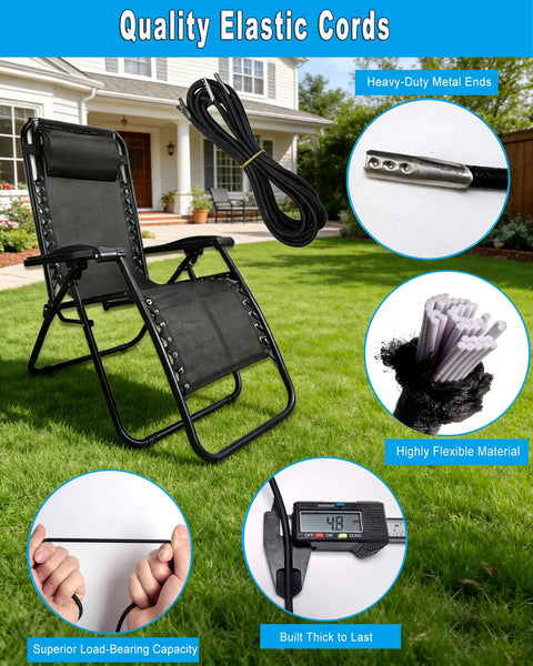 Four Pack Heavy Duty Zero Gravity Chair Replacement Cords, Universal Elastic Bungee Straps displayed on a lawn with a reclining chair.