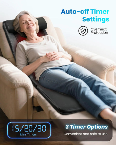 Woman relaxing on sofa using Full Body Massage Mat With Heat And Shiatsu Kneading For Deep Tissue Back Pain Relief