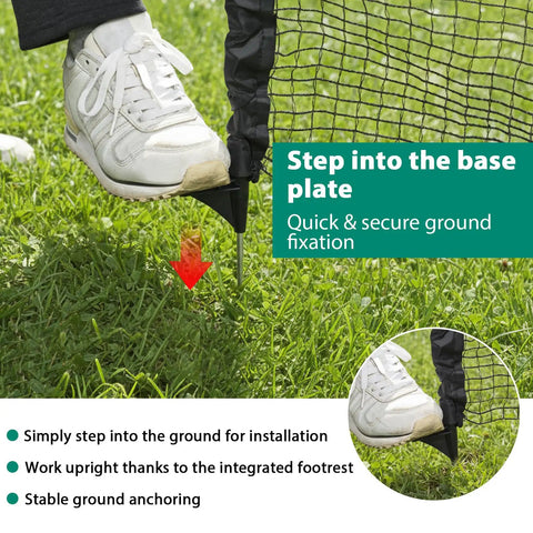 Person stepping on base plate to install Temporary Fence With Posts For Pets And Kids Portable Yard Barrier Black Plastic Mesh.