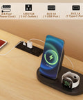 Large Record Player Stand With Power Outlets And Led Lights, charging station with phone and smartwatch on wooden surface