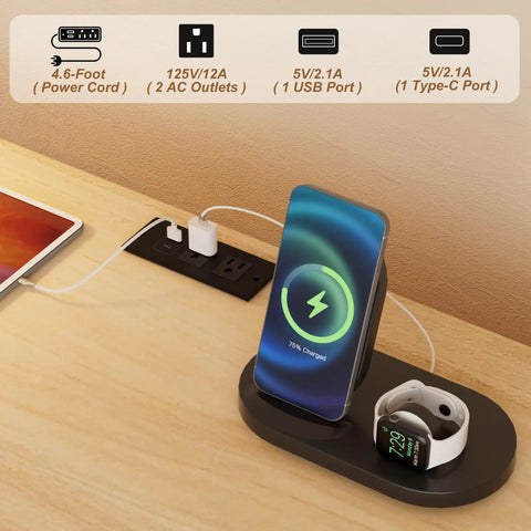 Large Record Player Stand With Power Outlets And Led Lights, charging station with phone and smartwatch on wooden surface