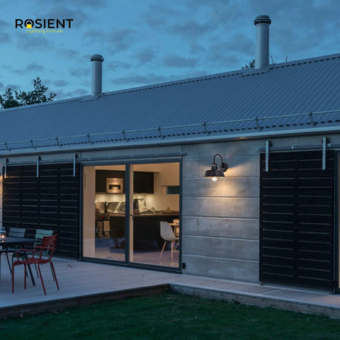 Motion Sensor Gooseneck Barn Lights Outdoor Wall Mount Porch Lights Industrial Farmhouse Sconces Black Finish Exterior Lighting Fixture, E26 Base, Requires Bulb Up To 100W, 2 Pack, on house wall at dusk