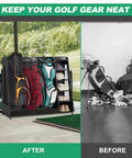 Garage Ready Golf Bag Storage Rack That Holds 3 Stand Bags And 14 Clubs Plus Space For Shoes and Accessories in use outdoors.