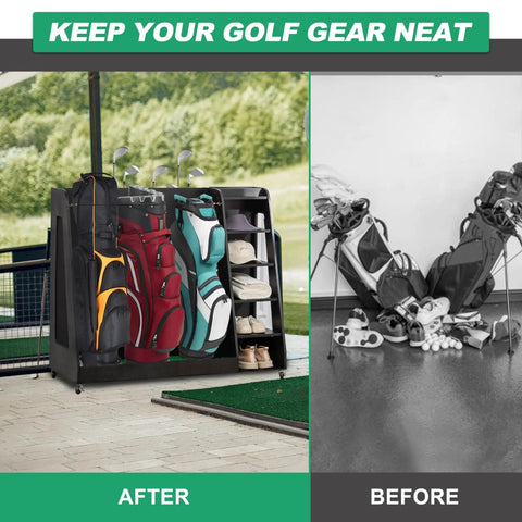 Get Your Golf Gear In Line With This Dope Wooden Bag Organizer On 360 Degree Wheels For The Garage, neatly holds golf bags.