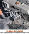 R14DCT 14 Inch Electric Concrete Saw With High Torque 20 Amp Motor on concrete slab showing wheeled skid plate