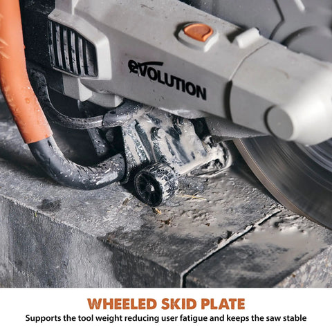 R14DCT 14 Inch Electric Concrete Saw With High Torque 20 Amp Motor on concrete slab showing wheeled skid plate