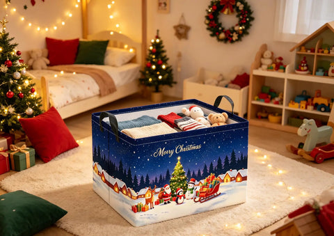 Heavy-Duty Rectangular Christmas Basket With Waterproof Polyester Canvas Storage Bin, Kickass Holiday Vibes, Solid Stash Box & Space Saver For Clothes, Camping, Apartment & Home in festive room.