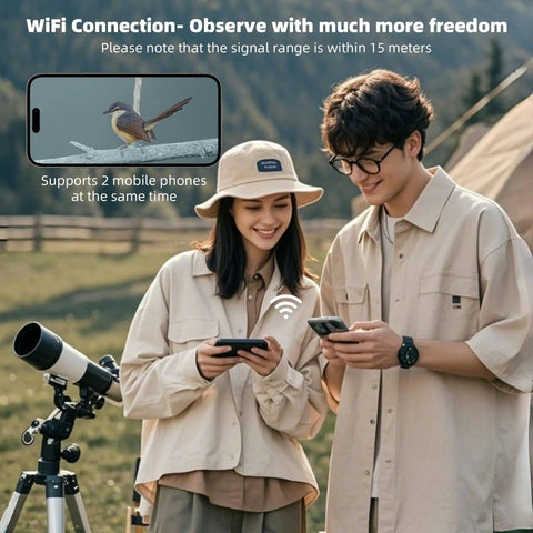 Couple using Wireless Telescope Eyepiece Camera With 64GB Memory, 1.5 Inch LCD Screen, Remote WiFi Viewing, dual phone connection