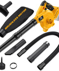 20V Max Battery Powered Cordless Leaf Blower And Vacuum Combo With Brushless Motor, Six Speed Settings Up To 180 MPH shown with accessories