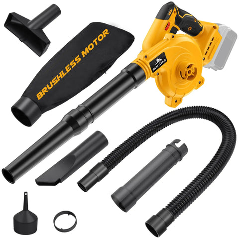 20V Max Battery Powered Cordless Leaf Blower And Vacuum Combo With Brushless Motor, Six Speed Settings Up To 180 MPH shown with accessories