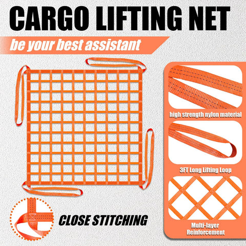 Cargo lifting net orange nylon hoist net 6.56x6.56 ft 15 cm square holes 4500 lb capacity 3 ft lifting loops
