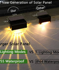 Comparison of our larger solar panel LED step light vs smaller, showing dual mode lighting and waterproof feature