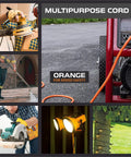 Heavy Duty 50ft Lighted Outdoor Extension Cord With 3 Outlets, 15 Amp 10/3 SJTW, Orange, Weather Resistant shown in use