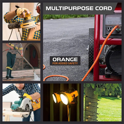 Lighted Outdoor Extension Cord 100 Ft Heavy Duty 10 Gauge 15 Amp 3 Conductor Orange Power Cable SJTW in use for various tasks