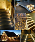 Warm White 16 Pack Recessed LED Deck Lights, 1.22 Inch Diameter, 0.94 Inch Mount Hole, 12V DC Low Voltage, IP67 Waterproof Outdoor Stair Lighting With Black Protective Shell, No Fuss Install Deck Steps for Garden and Patio, illuminating various outdoor steps and deck areas.