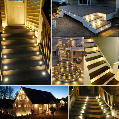 Warm White 16 Pack Recessed LED Deck Lights, 1.22 Inch Diameter, 0.94 Inch Mount Hole, 12V DC Low Voltage, IP67 Waterproof Outdoor Stair Lighting With Black Protective Shell, No Fuss Install Deck Steps for Garden and Patio, illuminating various outdoor steps and deck areas.