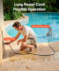 Man plugging in Hardcore Submersible Sump Pump With Smart Auto Float Switch for outdoor use, showing 9.84 ft power cord.