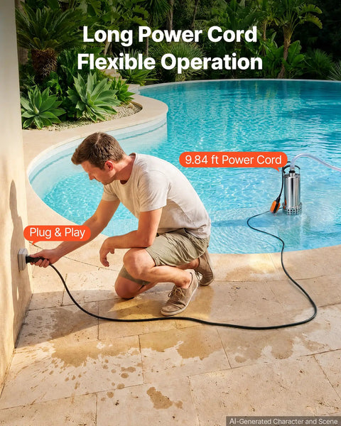 Man plugging in Hardcore Submersible Sump Pump With Smart Auto Float Switch for outdoor use, showing 9.84 ft power cord.