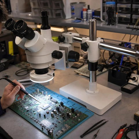 Trinocular Stereo Zoom Microscope 3.5X to 90X With Led Lighting 45 Degree Rotating Head and 360 Degree Trinocular Port for Digital Cameras or Touch Screens Interpupillary Range 54 to 76mm Eyepiece With Six Diopter Adjustment used for PCB inspection