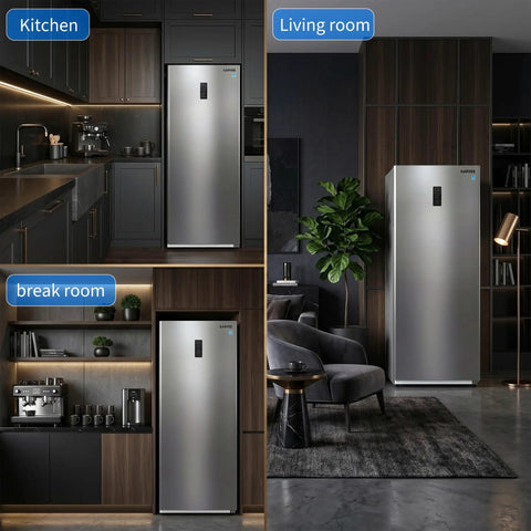 Frost Free Upright Freezer Single Door Stand Up 20 Cubic Feet in kitchen and living room settings with modern design.