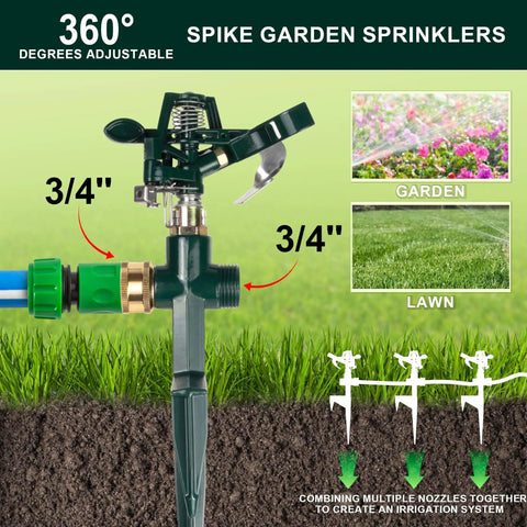 Two Pack Spike Sprinklers For Yard With Metal Base Heavy Duty Impact Sprinkler Adjustable Zinc Alloy Water Sprinkler For 360 Degree Coverage Large Area Lawn Garden Irrigation Easy Setup Pro Grade And Durable Outdoor Sprinkler System in use.