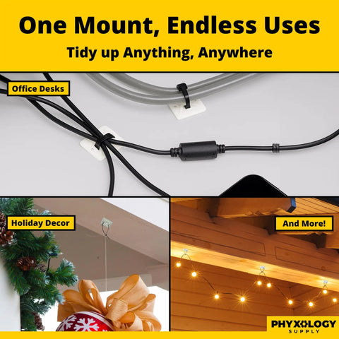 X Large Cable Tie Mounts 100 Pack with Adhesive Backing or Screw Holes for Permanent Hold in home office and holiday decor