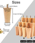 Wood Furniture Legs 4 Inch Straight Replacement Feet For Sofa Table Chair Dresser Cabinet Bed Set Of 8 Natural Rubber Wood With Varnish Finish