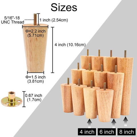 Wood Furniture Legs 4 Inch Straight Replacement Feet For Sofa Table Chair Dresser Cabinet Bed Set Of 8 Natural Rubber Wood With Varnish Finish