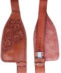 Adult Western Leather Replacement Saddle Fenders, Dark Tan Tooled Border Design, Full Grain Genuine Leather, Adjustable Fit, Durable Tack Upgrade For Riders, showing front and back views.