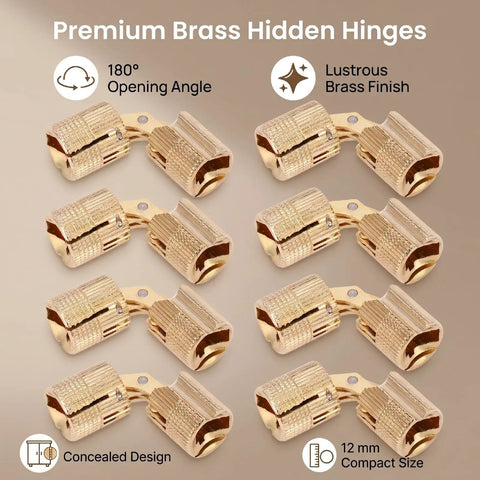 Premium polished brass hidden hinges with 180° opening angle, concealed 12mm design for small furniture projects.