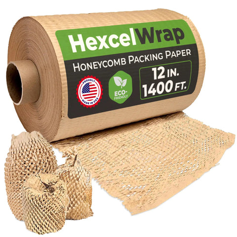 Honeycomb Packing Paper For Shipping And Moving, Eco Friendly Cushioning, Sustainable Packing Material That Replaces Plastic Bubble Wrap, No Tape Needed, Natural 12 Inch Wide By 1400 Foot Long roll displayed with wrapped items.