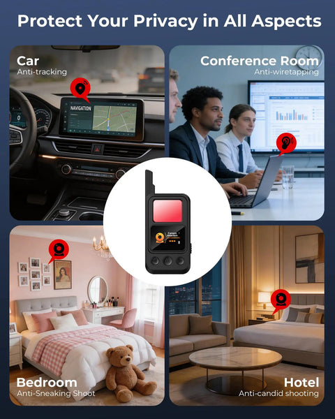 Hidden Camera Detector With LED Screen And Anti Spy Wireless Scanner Portable GPS Tracker And Bug Detector in various settings.