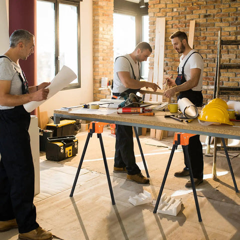 Heavy Duty Foldable Saw Horses 2 Pack Supporting 1322 Lbs With Toughened Steel Rig and Quick 2x4 Workbench Hooks in workshop.