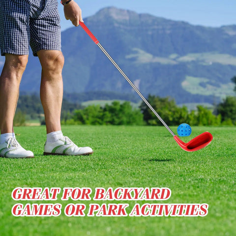 Person using 6 Pack 36 Inch Backyard Golf Club Set With Oversize Heads Right Hand For Home Practice on green grass field